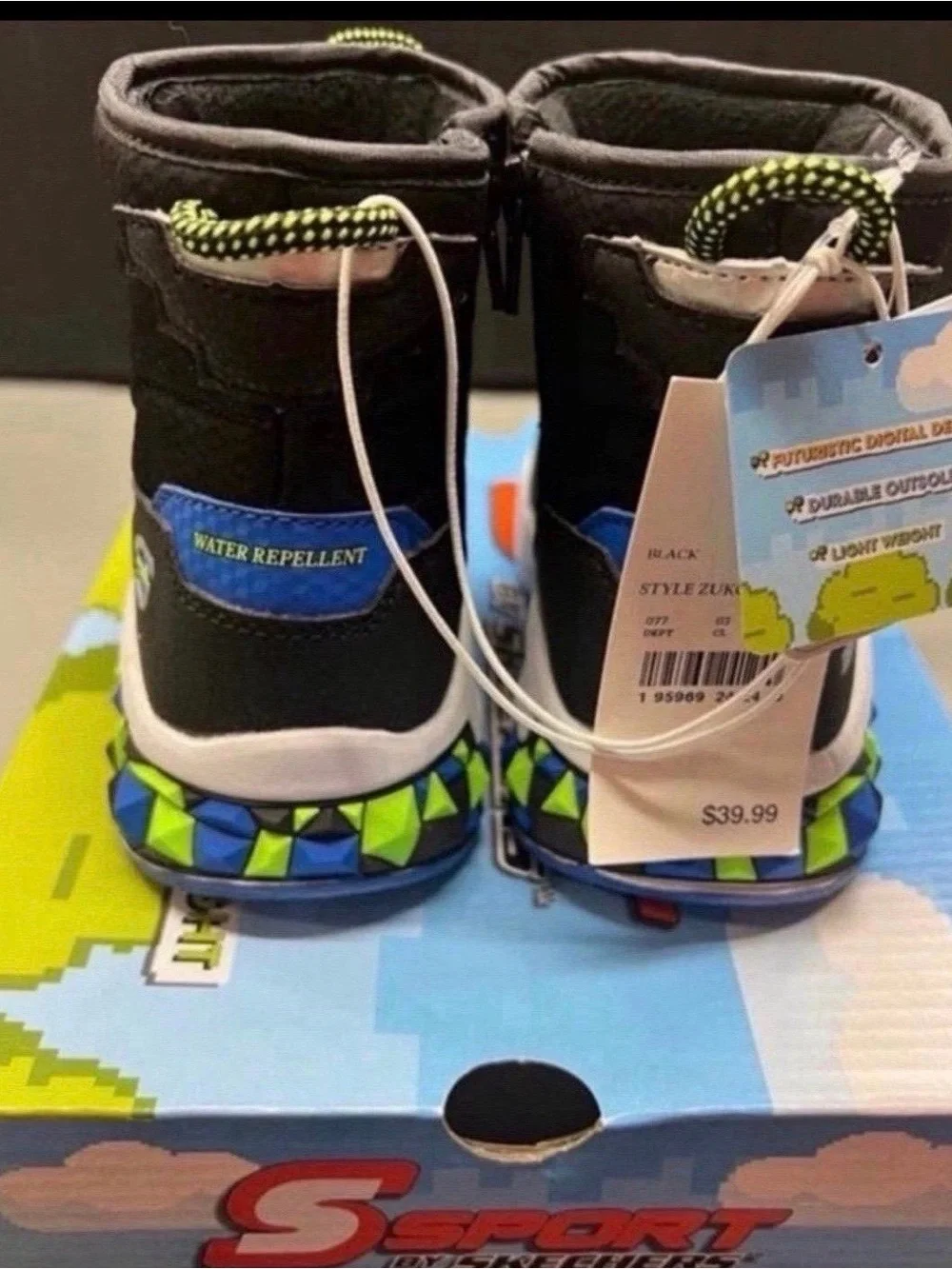 Kids Black and Lime Winter Boots Size 9